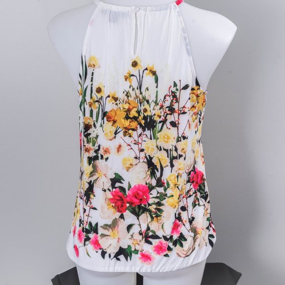 NWT White & Yellow Floral Rhinestone Keyhole Halter Top - Picture 3 of 4